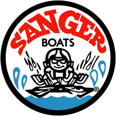 Sanger Boats logo with cartoon image of a boater racing in splashing water